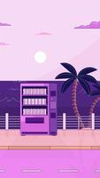 Vending machine at evening seaside road lofi vertical animation. Drinks refreshment with roadside tropical vibe. Calm ocean, swaying palms. Lo fi 2D cartoon animated 4k . Chill, live wallpaper video