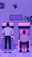 Retro gaming night at neon arcade lofi vertical animation. Open sign 80s vibe gamers buddies joysticks playing. Fun memories. Lo fi 2D cartoon animated 4k . Chill aesthetic, live wallpaper video