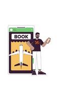 Flight booking via mobile app 2D vertical animation. Black man online ticket reservation. Air travel planning on phone animated character cartoon flat concept metaphor 4K isolated on white video