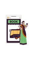 Sari woman booking bus on mobile app 2D vertical animation. Public transport mobile reservation. Transit ticket hindu lady animated character cartoon flat concept metaphor 4K isolated on white video