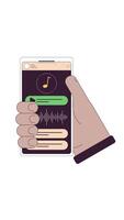 Hand holding smartphone with waveform music app 2D vertical animation. Streaming audio podcast sound wave on mobile phone animated character cartoon flat concept metaphor 4K isolated on white video