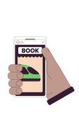 Train booking application on mobile device 2D vertical animation. Black hand reserving rail ticket digitally on phone animated character cartoon flat concept metaphor 4K isolated on white video