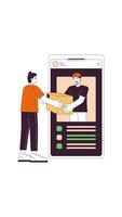 Delivery box handoff via mobile app 2D vertical animation. Man receiving cardboard parcel from courier through smartphone animated character cartoon flat concept metaphor 4K isolated on white video