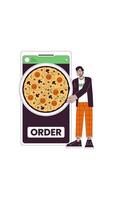 Online pizza order from smartphone 2D vertical animation. Fast food takeout app. Quick meal. Indian man modern eating animated character cartoon flat concept metaphor 4K isolated on white video