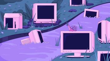 Abandoned CRT monitors in grassy stream lofi animation cartoon wallpaper. Nature reclaiming. Slow technology. Outdated computers swamp. Lo fi 2D animated background 4k. Concept chill video