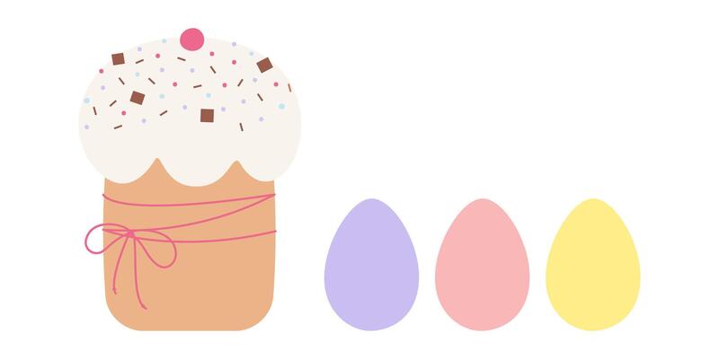 Traditional Easter Cake and Colorful Eggs Hand drawn Easter Greetings Festive Design elements Set. Isolated Illustration Seasonal Designs Greeting Themes Cards or banner, leaflets, labels, tag