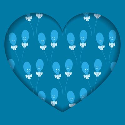 Sadness Deflated balloons with tied ribbon bow Heart shape Paper Cut Blue Monday Festive Design idea. Isolates Illustration Themes Cards Invite, poster or web promo banner, leaflets, label, tag