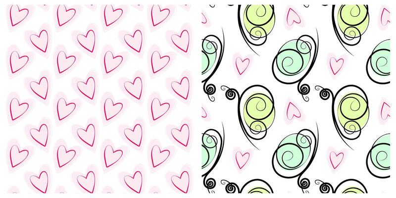 Stylized Hand Drawn Hearts and Butterflies Seamless Patterns Spring or Summer Various Festive fond. Isolated illustration Valentines Day Greeting love thematic Card or promo labels backdrop Set