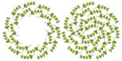 Hand Drawn hearts twigs Circle Frame border and Backdrop St Patrick Greeting Copy space Template Set. Isolated illustration Greeting Spring Themes Cards Invite, poster or promo banner, leaflets vector