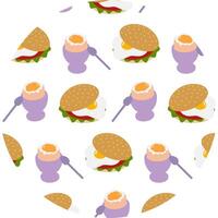 Hand drawn Soft egg in Egg bawl and Sandwich with Fried Egg Seamless Pattern on circle Background. Isolated Illustration Thematic Menu Cards Healthy Food promo banner, leaflet, price tag, label vector