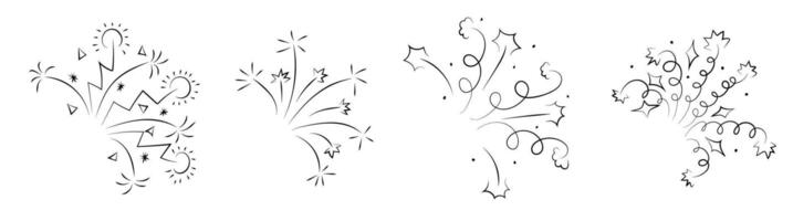 Firework confetti party line icon. Firecracker explosion to celebrate New Year with carnival boom spark light. Festive birthday graphic with simple sparkle decoration design. Doodle stroke for burst. vector