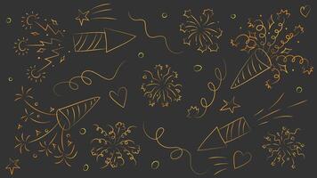 Gold firework and confetti burst pattern. Anniversary celebrate spark element or New Year background graphic. Birthday firecracker boom and ribbon explosion outline doodle stroke. Surprise party set. vector
