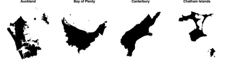 Auckland, Bay of Plenty, Canterbury, Chatham Islands outline maps vector