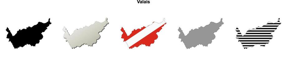 Valais canton blank outline map set vector