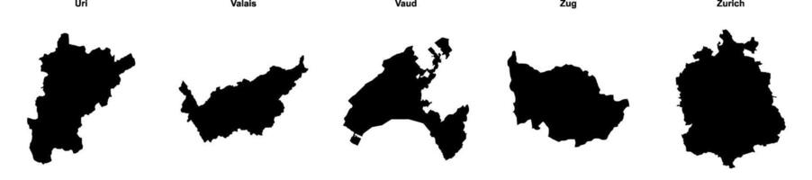 Uri, Valais, Vaud, Zug, Zurich outline maps vector
