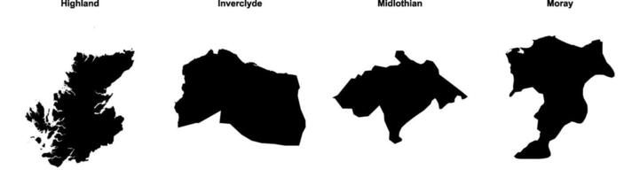 Highland, Inverclyde, Midlothian, Moray outline maps vector