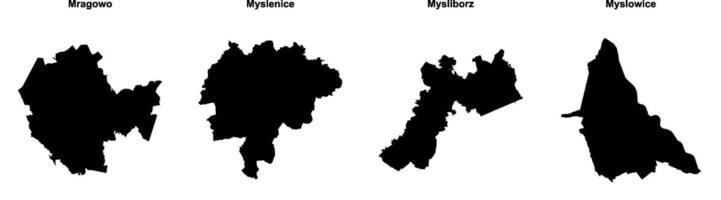 Mragowo, Myslenice, Mysliborz, Myslowice outline maps vector