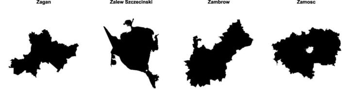 Zagan, Zalew Szczecinski, Zambrow, Zamosc outline maps vector