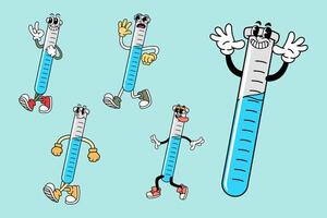 Set of Happy Test Tube Science in Various Poses Character Cartoon Illustration Retro style vector