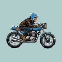 A masculine Man wearing open face crash helmet and jacket riding a blue retro cafe racer motorcycle from side view, isolated cartoon illustration on a light background vector
