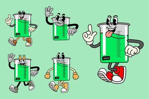 Set of Happy beaker glass Science in Various Poses Character Cartoon Illustration Retro style vector