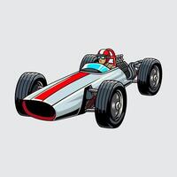 Retro race car with bold red stripe, large tires, and detailed driver in helmet cartoon illustration isolated on a light background vector