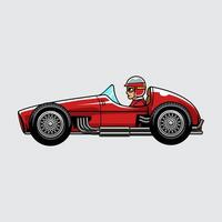 Classic race car with red color, large tires, and detailed driver in helmet from side view cartoon illustration isolated on a light background vector