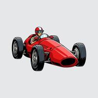 Retro race car with red color, large tires, and detailed driver in helmet cartoon illustration isolated on a light background vector