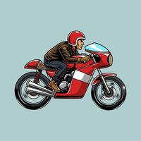 A Bearded Man wearing open face crash helmet riding a red retro cafe racer motorcycle from side view, isolated cartoon illustration on a light background vector