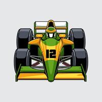 Hyperspeed race car with bold green and yellow accents, large tires, and number 12 with driver wearing helmet front view cartoon illustration isolated on a light background vector