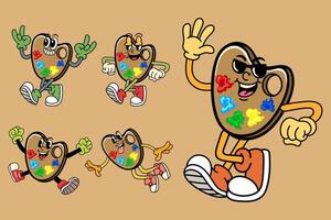Set of Happy watercollor palette in Various Poses Character Cartoon Illustration Retro style vector
