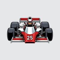 Hyperspeed race car with bold red accents, large tires, and number 25 with driver wearing helmet front view cartoon illustration isolated on a light background vector