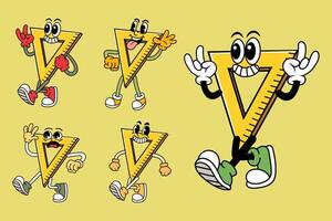 Set of Happy triangle ruler in Various Poses Character Cartoon Illustration Retro style vector