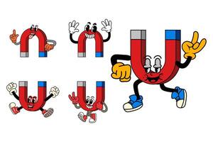 Set of Happy magnet Science in Various Poses Character Cartoon Illustration Retro style vector