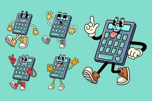 Set of Happy calculator in Various Poses Character Cartoon Illustration Retro style vector