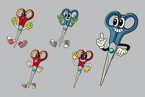 Set of Happy scissors in Various Poses Character Cartoon Illustration Retro style vector