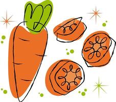 Retro style carrot illustration and sliced carrot pieces with decorative elements on transparent background for healthy food concept. vector