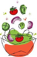 Abstract illustration of fresh vegetables falling into a bowl on transparent background. Healthy food concept for restaurant menu design. Decor includes vibrant outlines and whimsical shapes vector