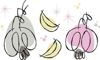 Modern retro style abstract drawing of garlic and clove of garlic on transparent background. Playful line art vegetable doodled design element for cooking theme designs. vector