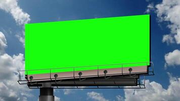 Empty billboard with chroma key green screen, on blue sky with clouds, advertisement concept, screen, green background landscape video