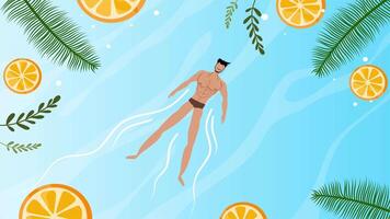 Woman floating in tropical pool with fruit slices and relaxing summer ambiance video