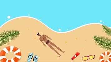 A man relaxing on the beach with summer gear around the shoreline video