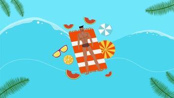 Cute bear swimming with lifebuoy and splashing water on a sunny tropical day video