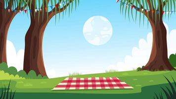 Picnic scene under large trees with full moon and checkered blanket setup video