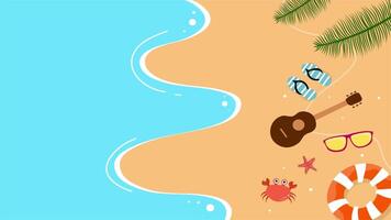Aerial beach scene with curved shoreline and scattered summer objects video