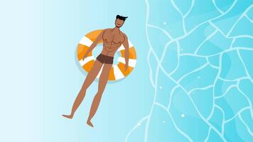 Man floating on a pool in summer with transparent blue water effect video