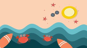 Playful beach wave animation with crabs, sun, and floating ring in deep blue water video