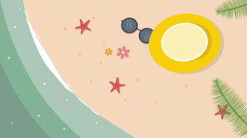 Flat beach top view with beach ball, umbrella, and starfish scattered on soft sand video