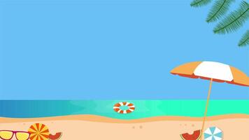 Wide beach scene with umbrella, shells and waves under sunny sky video