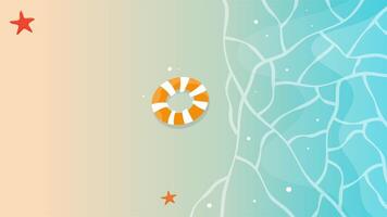 Lifebuoy floating in clear pool water with sand and bubbles in summer background animation video